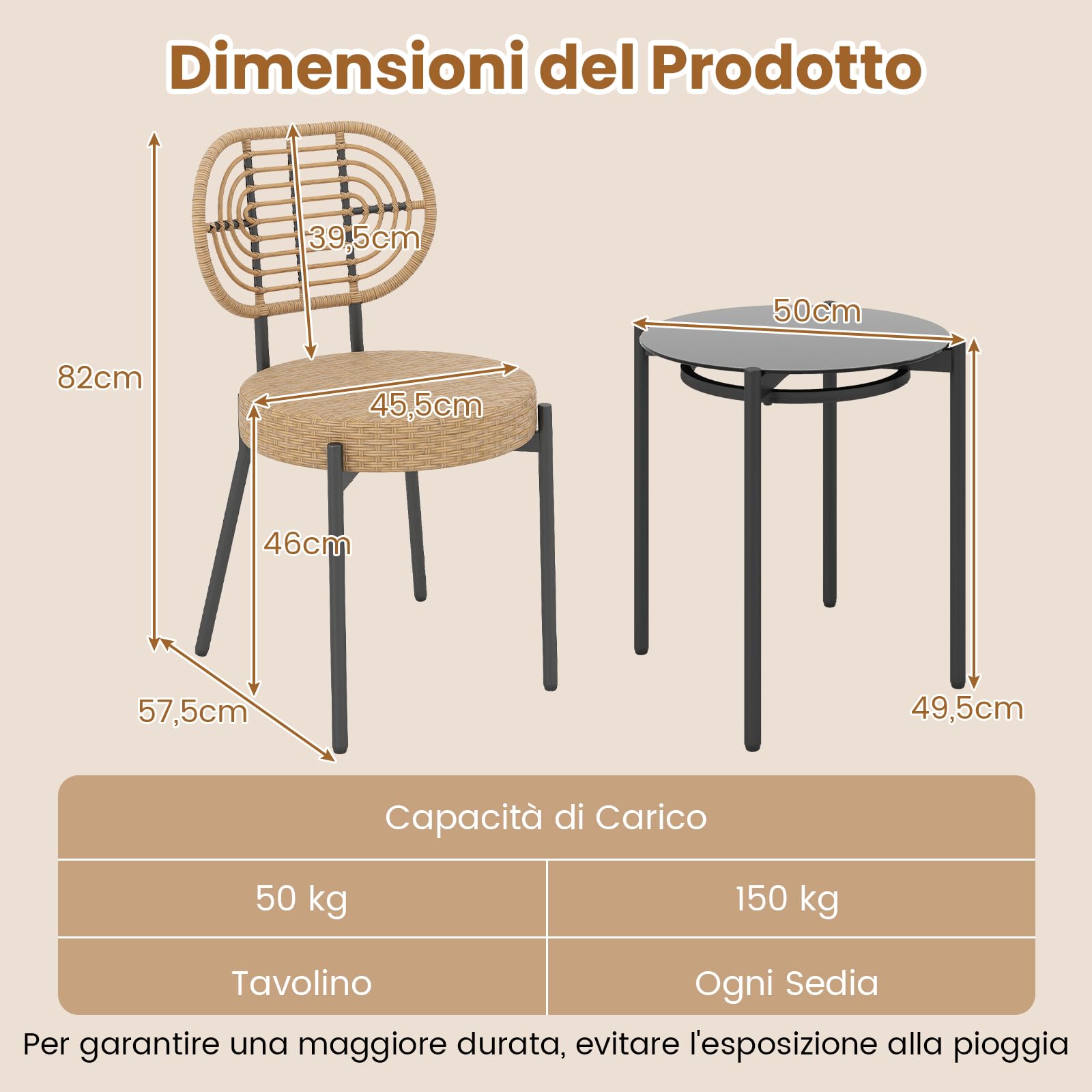 COSTWAY Set da Bistro da Esterno in 3 Pezzi con Vimini PE, Set Conversazione da Patio con Tavolino da Caffè in Vetro Temperato e Sedie in Rattan, Mobili per Esterni per Balcone, Terrazza e Giardino