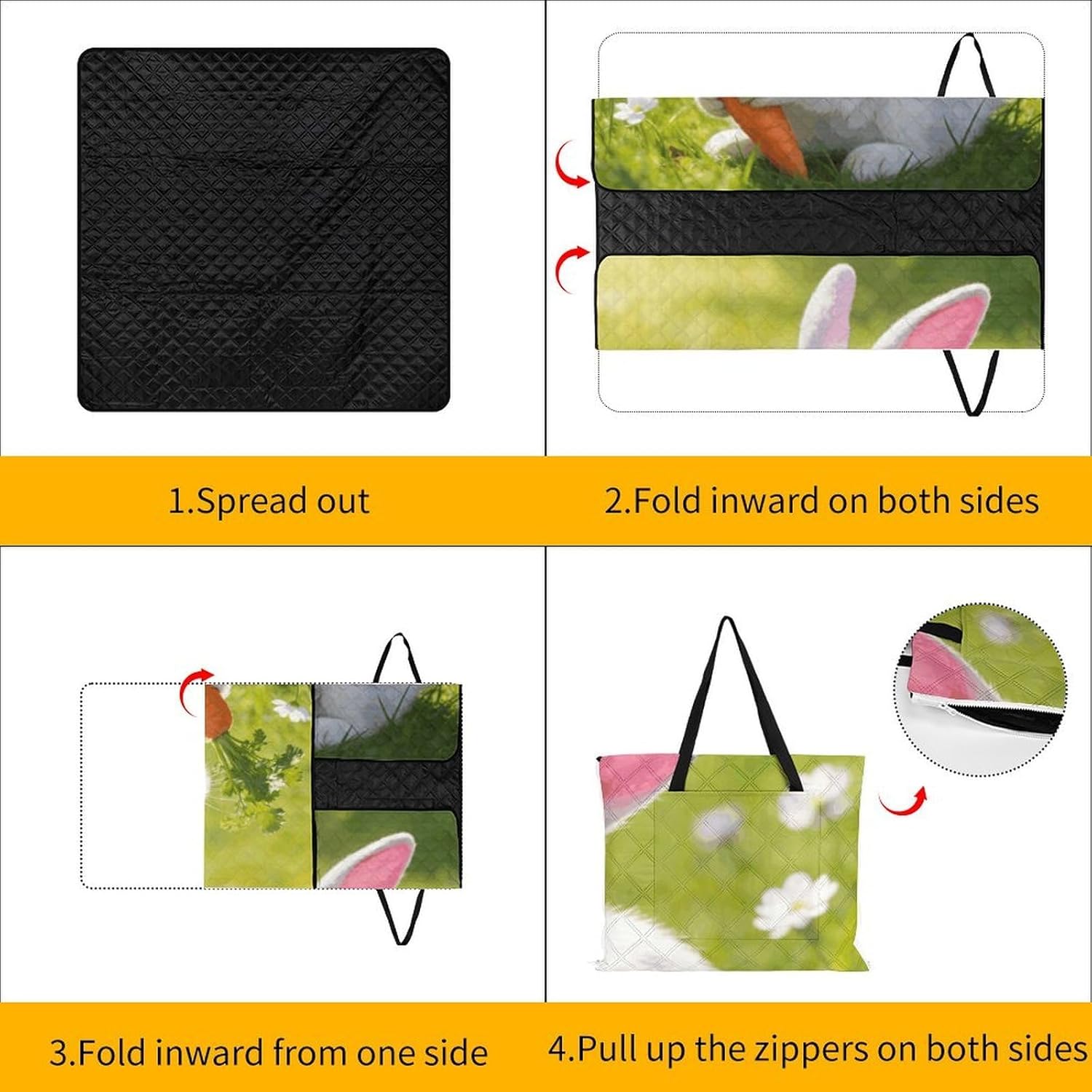 Rabbit Picnic Blanket with Zipper Water Resistant Sand Free Picnic Mat Washable Foldable Easy Carry Beach Blanket for Lawn Beach Hiking Camping