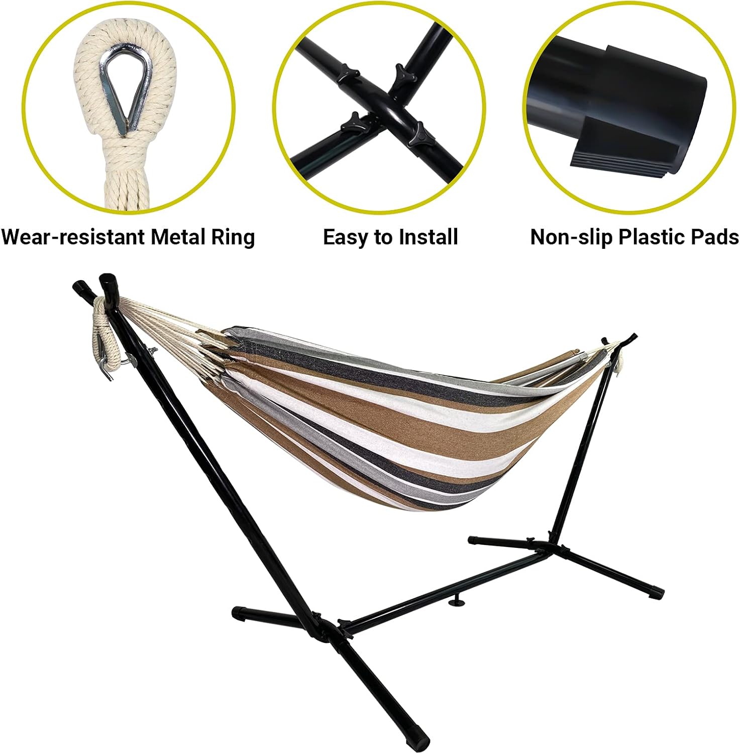 Highwild Double Hammock with Space Saving Steel Stand - Max 600 Lbs - 2 Person Adjustable Cotton Hammock Includes Portable Carrying Bag(White/Coffee)