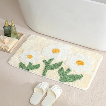 Floral Bath Mat Super Absorbent Bath Rug Non Slip Machine Washable Cute Fluffy Bathroom Mat for Sink, Bedroom and Living Room White Flowers, 31"x20"