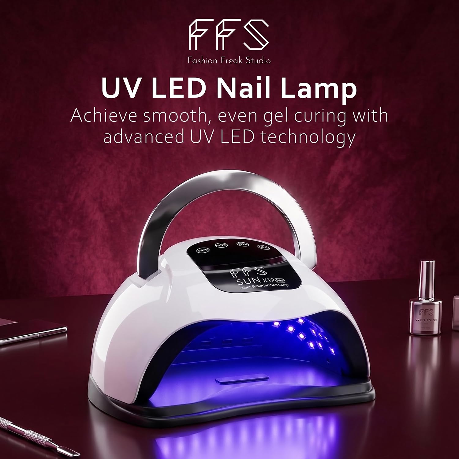 FFS UV Nail Lamp with UV Gloves 144W 72 LEDs Gel Polish Dryer with Handle Smart Sensor 4 Timers 10s-99s Detachable Base for Manicure Pedicure Home Salon Use