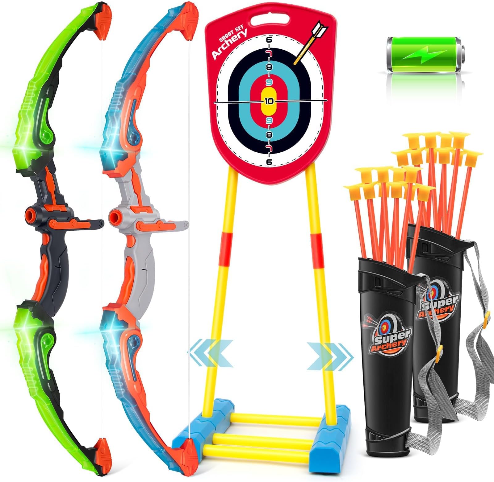 Bow and Arrow for Kids 6-8 8-12, Archery Toy Set for Kids 6+ with Standing Target - Rechargeable/2 Light Up Bows/20 Arrows, Toys for Kids 4-6 7 8 9 10-12 Boys Girls Birthday Gifts