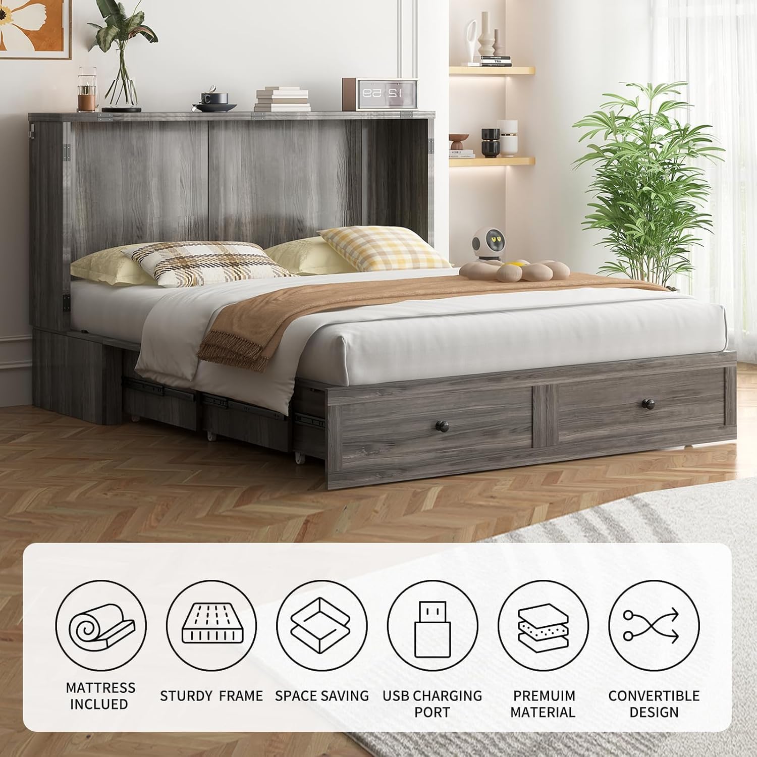 ijuicy Queen Size Murphy Bed with Mattress, Modern Cabinet Bed with Charging Station & Storage Drawer, Bedroom Armoire (Grey)