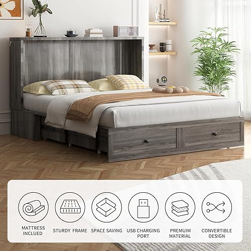 Miniatura 2 de ijuicy Cama Murphy de tamaño Queen con colchón, cama moderna con estación de carga y cajón de almacenamiento, armario de dormitorio (gris)