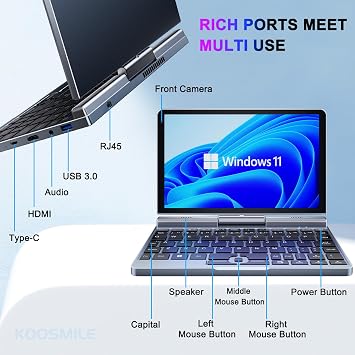 Mini Laptop,8 inch HD Touch Screen Mini Computer Win11 Pro,N100 4 Cores 2-in-1 Pocket PC 12GB LPDDR5 RAM 1TB M.2 SSD, Gigabit | Wi-Fi 6 | BT5.2 | 2MP Camera | G-Sensor | HDMI