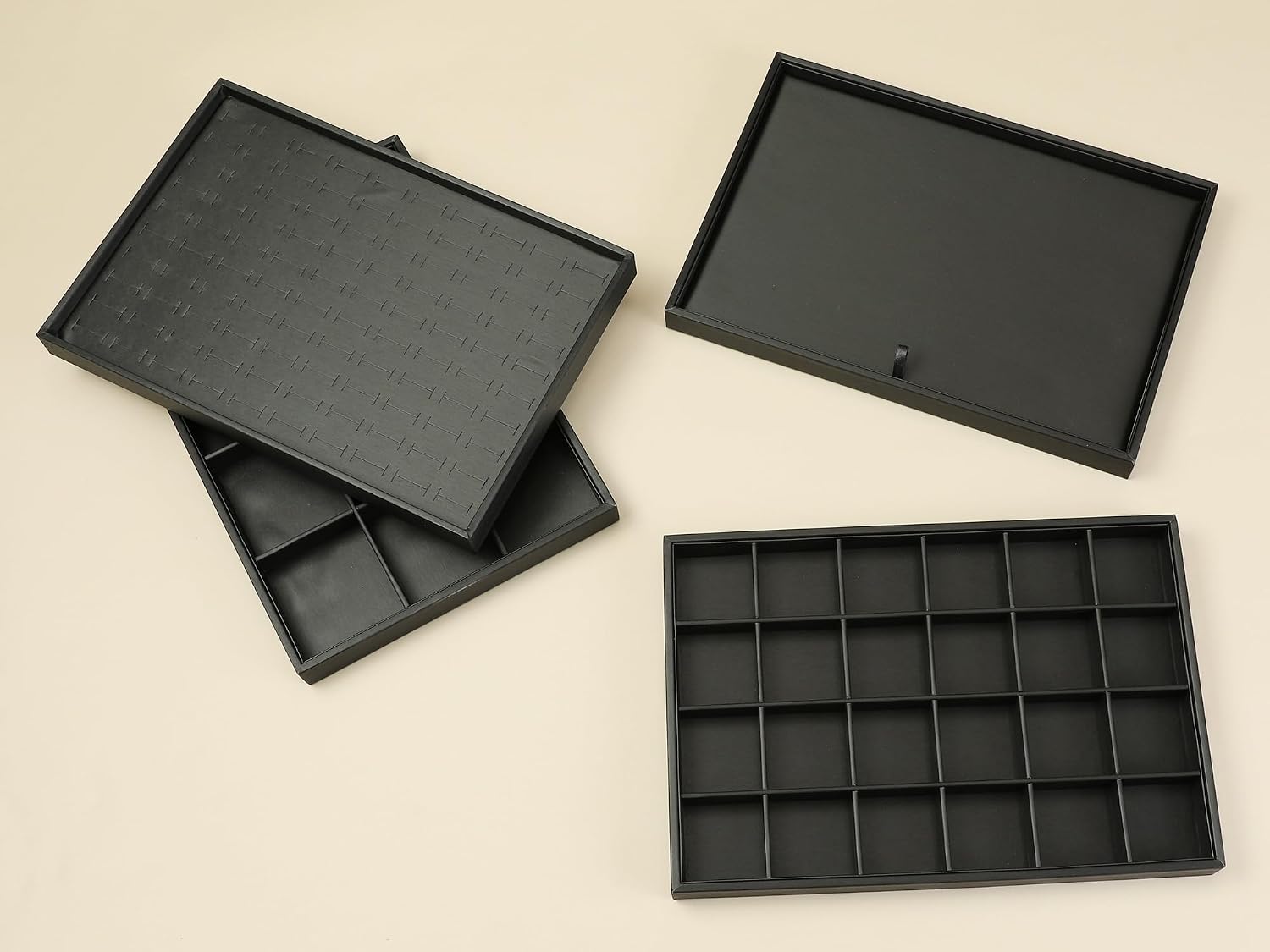 uxcell Set of 2 Stackable PU Leather Jewelry Organizer Trays with Removable Dividers for Drawers, Jewelry Organizer Drawer Inserts Storage Flat Tray Black