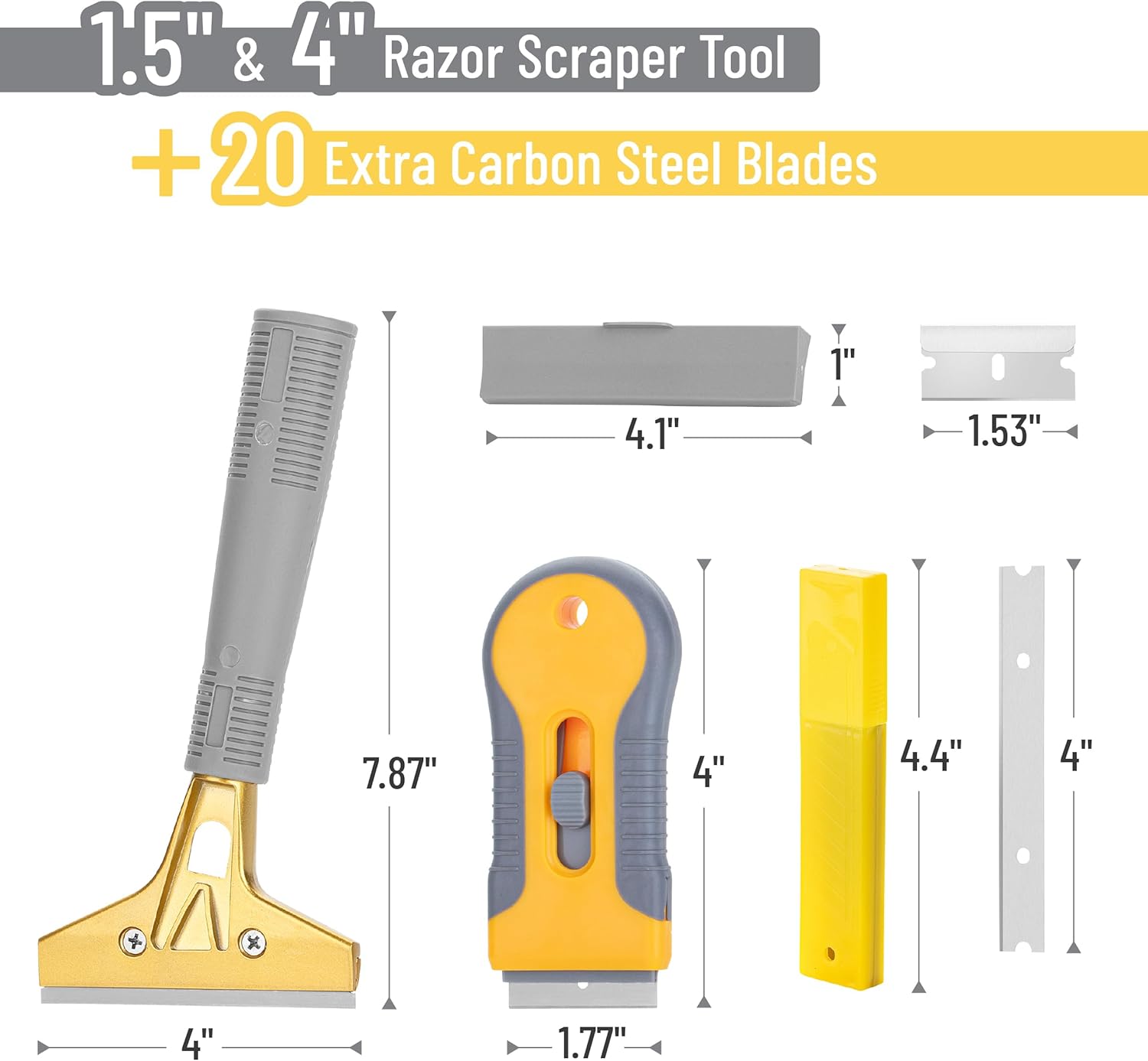 Bates- Razor Blade Scraper Set, 2 Pack, 1.5" & 4" Razor Scraper Tool with 20 Extra Carbon Steel Blades, Window Scraper Blades, Glass Scraper for Windows, Paint Scraper Blade Scraper for Cleaning