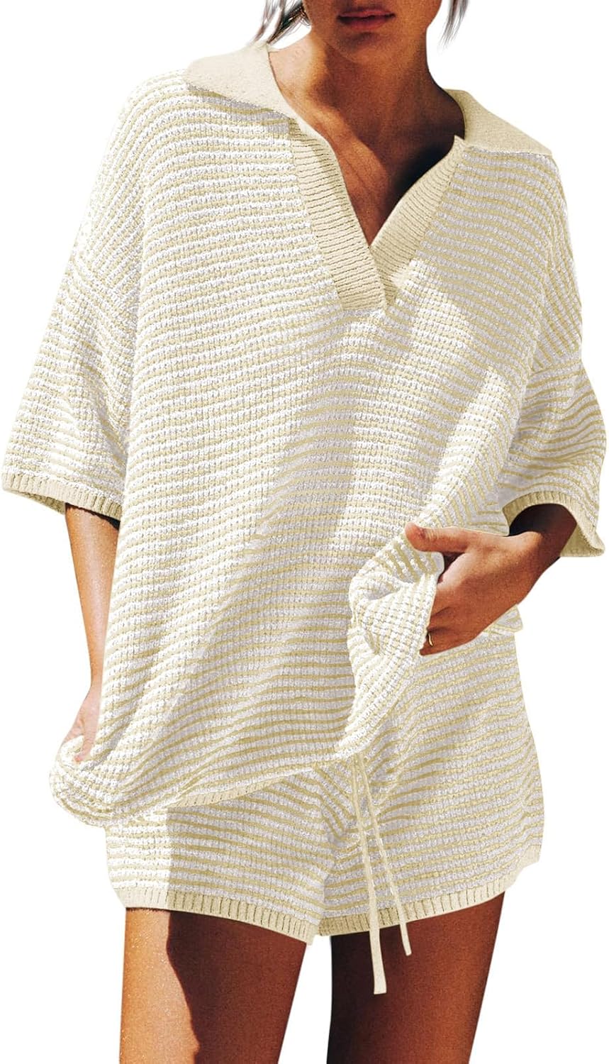 Outfeel Women's 2 Piece Lounge Set Striped V Neck Knit Top Drawstring Shorts Outfits Oversized Casual Travel Matching Set