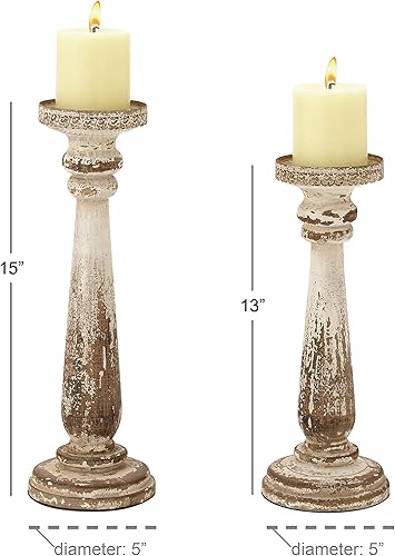 Miniatura 3 de Deco 79 Portavelas de pilar envejecido de madera, juego de 2 13 pulgadas, 15 pulgadas de alto, marrón