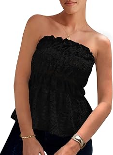 Women's Boho Tube Tops 2025 Summer Strapless Off Shoulder Eyelet Smocked Peplum Trendy Going Out Bandeau Top