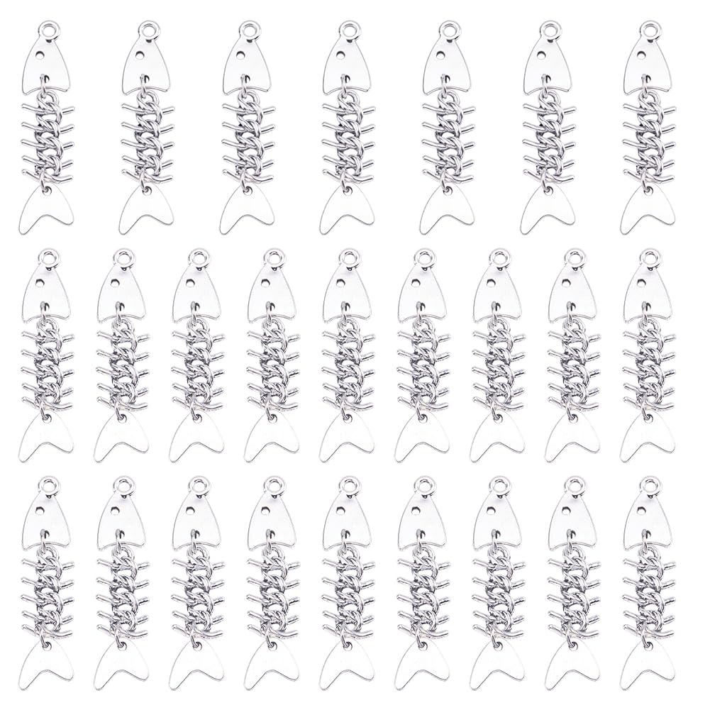 CRAFTYMELODY 25Pcs Fish Bone Charms Antique Silver Fish Skeleton Pendant Charm Ocean Marine Life Fishbone Charms Metal Dangle Charm for Marine Theme Bracelet Necklace Earring Jewelry Making DIY Craft