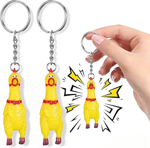 NUOBESTY Paquete de 3 mini llaveros de pollo gritando para apretar, divertido colgante de pollo amarillo, lindo llavero novedoso para llaves
