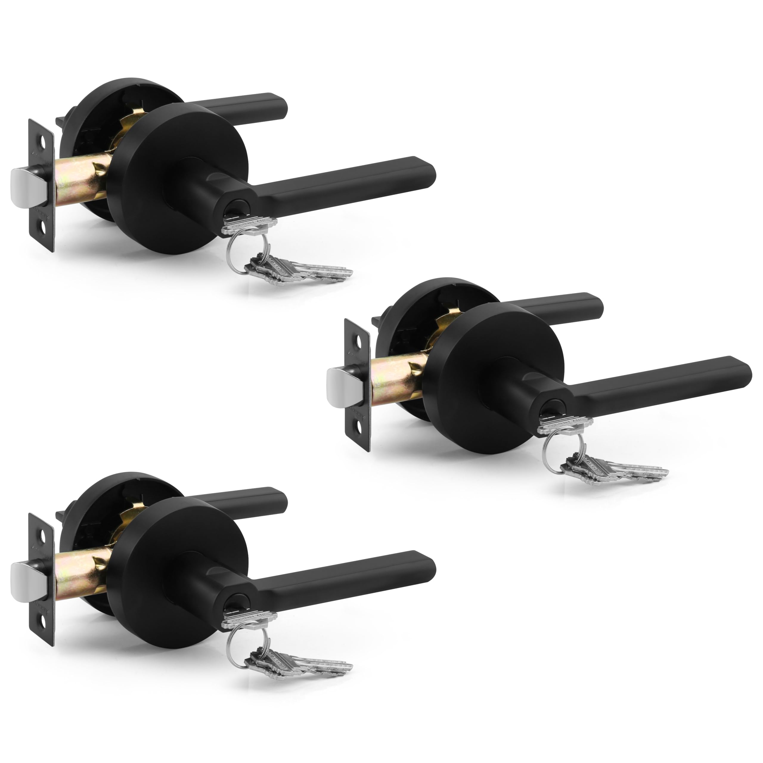 Annfuz Matte Black 3Pack Round Entry Door Lever For Office/Front Door,Exterior Front Door Lock,[Keyed Alike] Same Keys,Heavy Duty Door Handle Interior Bathroom Bedroom,Reversible For Left Right Sided,