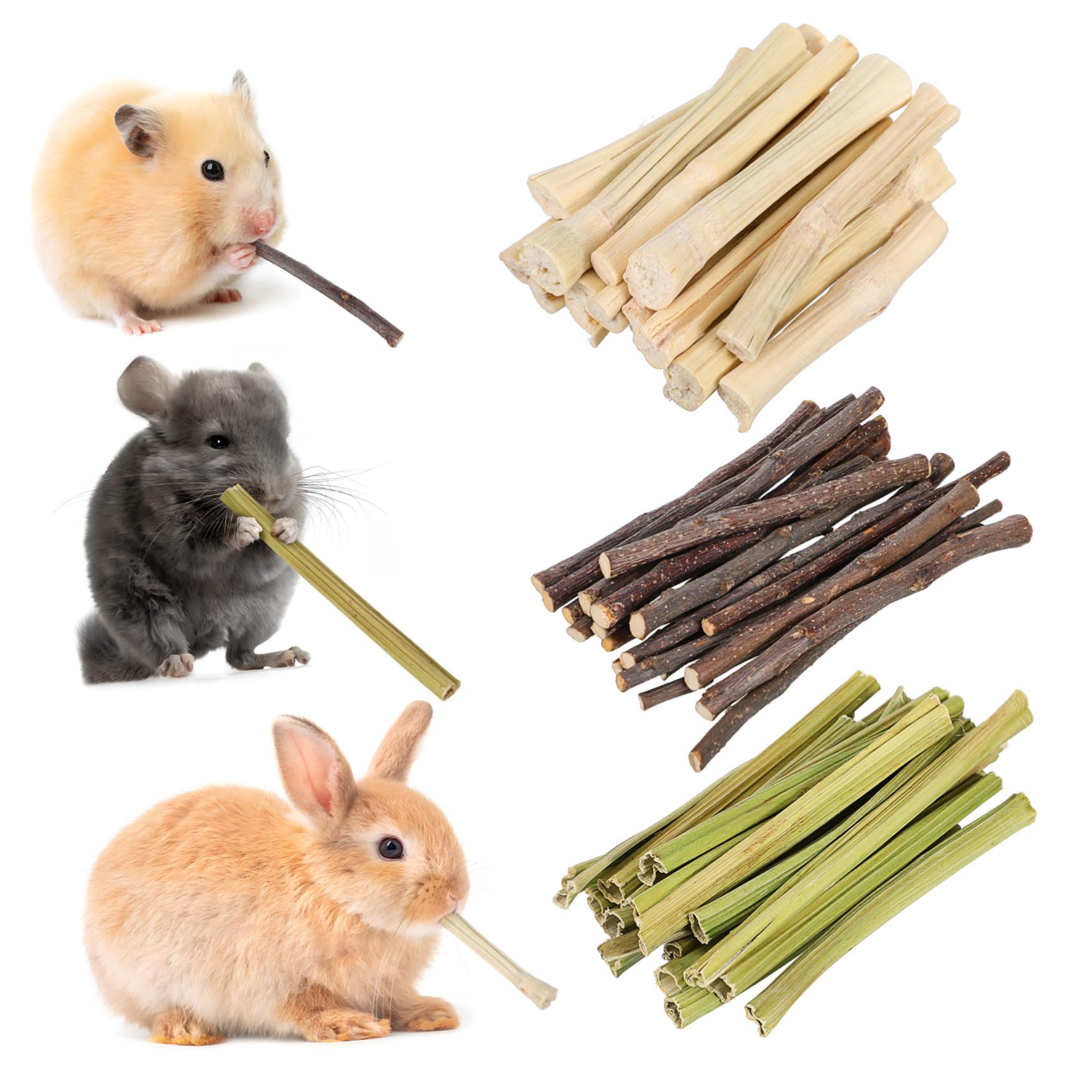 WOONEKY 55 Pezzi Bastoncini da Masticare per Criceti e Conigli Piccoli Animali Giocattolo in Legno per Affilare Denti e Ridurre Noia