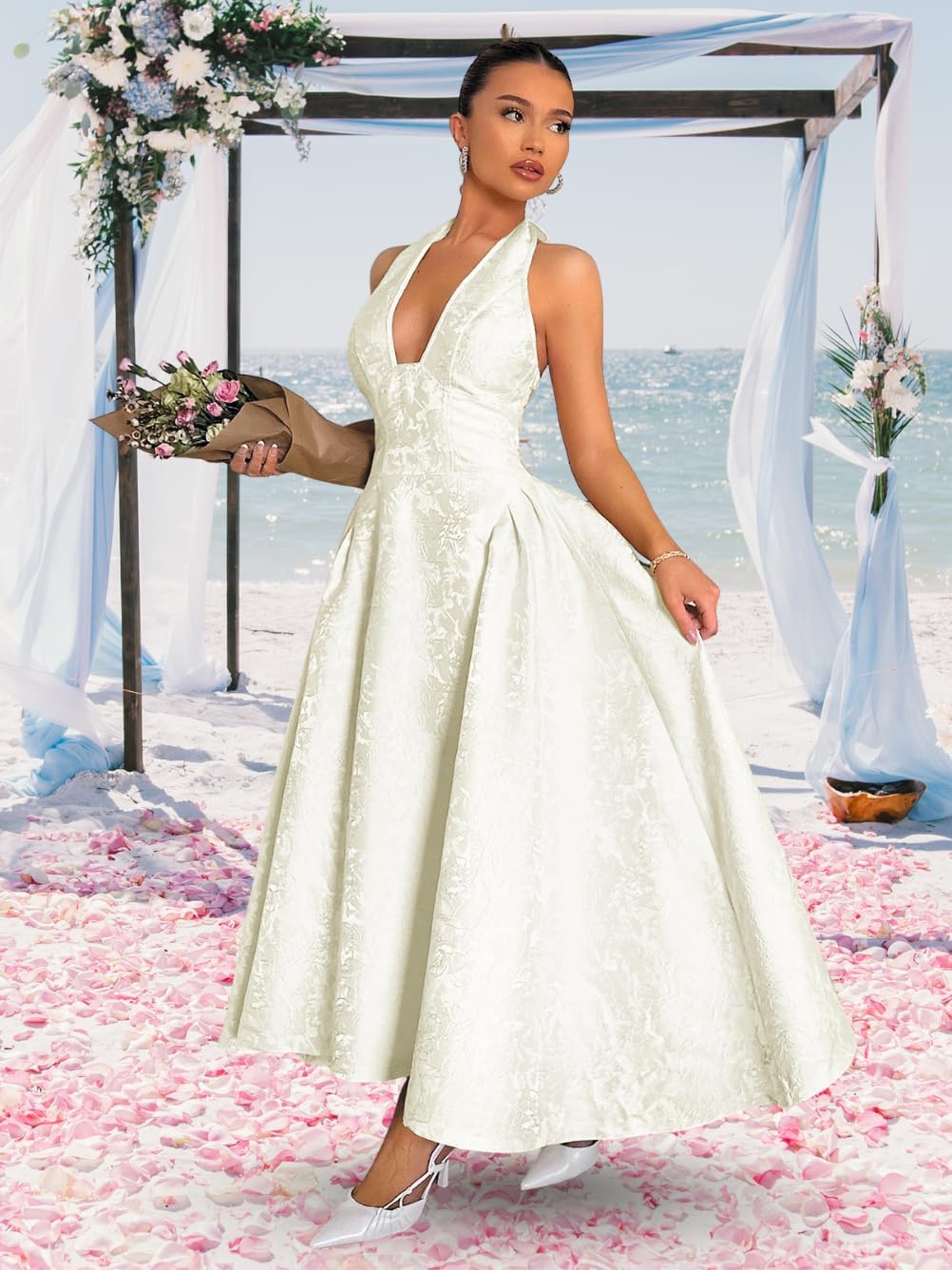 Jacquard Maxi Dress, V Neck A Line, Wedding Guest Prom, Halter Corset Pastel Tea Party Vacation Semi Formal