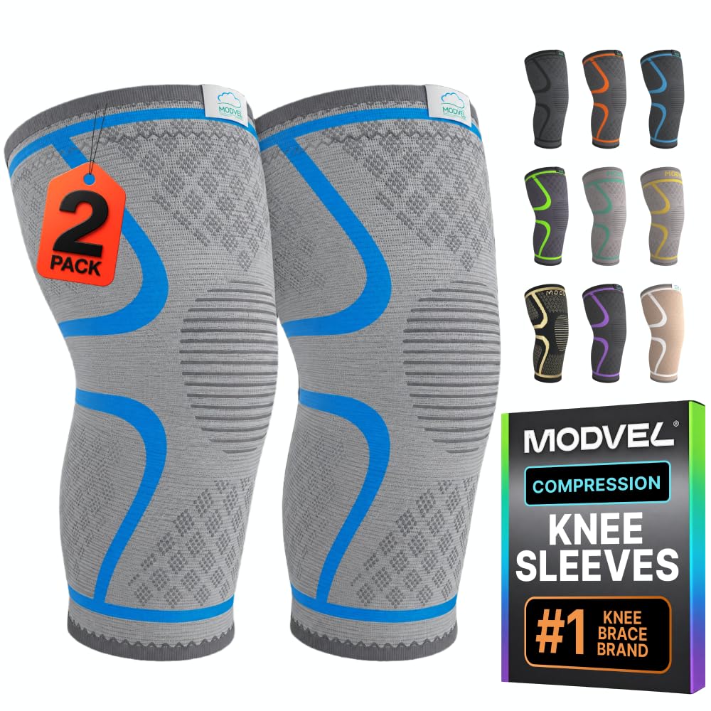 Modvel Compression Knee Brace for Women &amp; Men - 2 Pack Knee Brace for Women Running Knee Pain, Knee Support Compression Sleeve, Workout Sports Knee Braces for Meniscus Tear ACL &amp; Arthritis Pain Relief