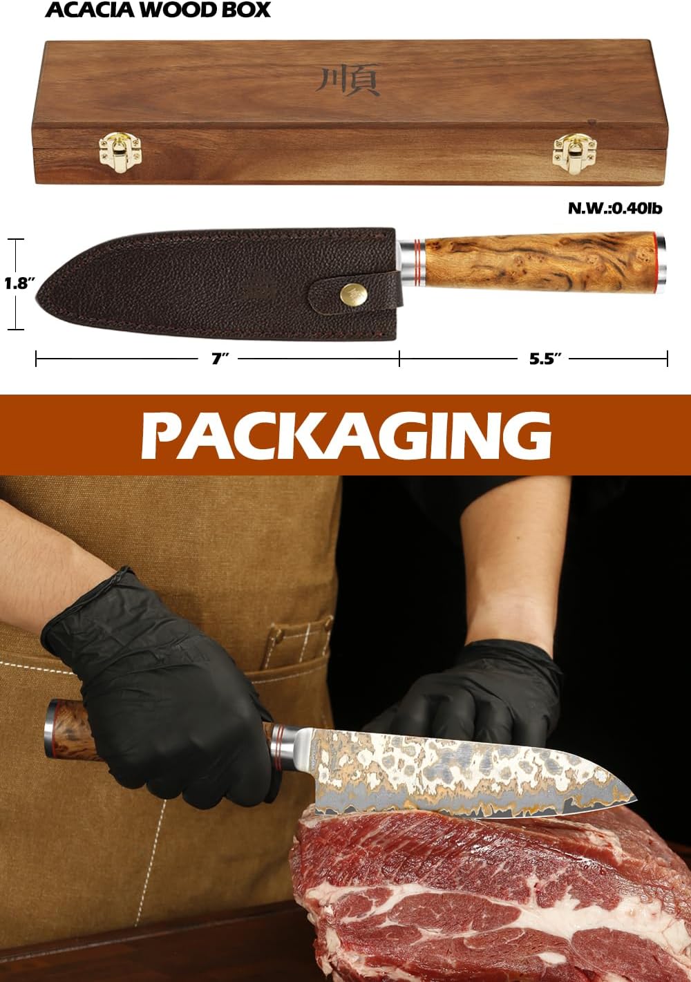 YOUSUNLONG Bunka Chef's Knives - Japanese Handmade CuMai Copper Damascus Steel Blade of 7 Inch - Professional Kitchen Knife Razor Sharp - Naturel Burl Wooden Handle with Leather and Wood Box