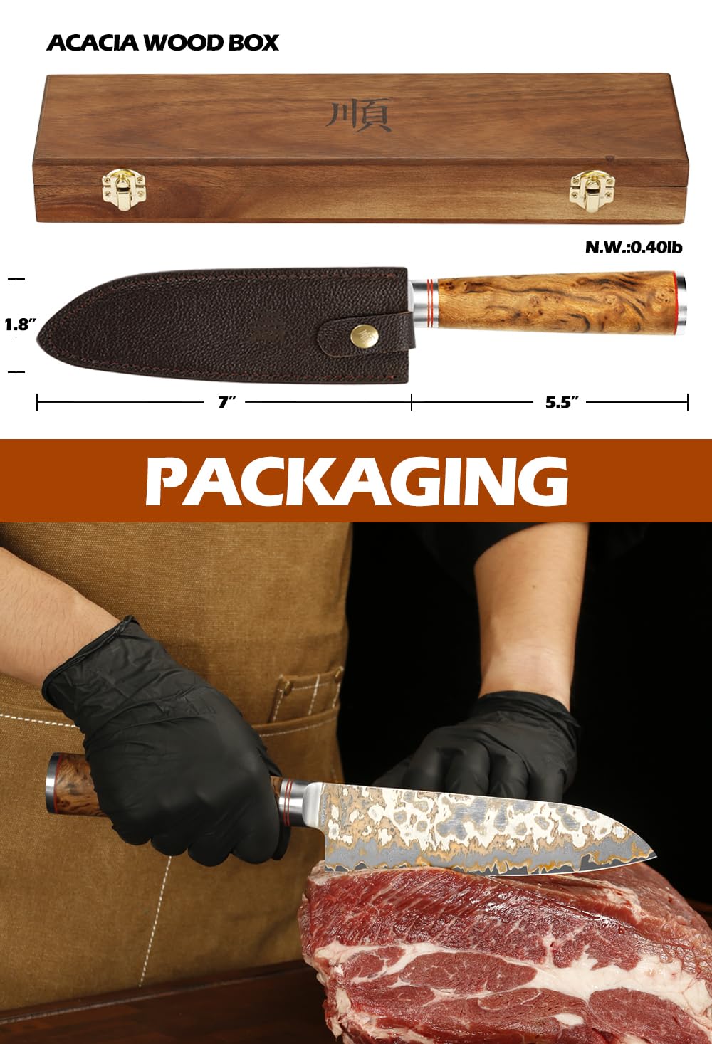 YOUSUNLONG Cuchillos de Chef Damasco - Hoja de Acero Damasco Cobreado de 168mm hecho a mano en Japón - Cuchillo de Cocina Profesional Afilado como una Navaja - Mango de Madera Naturel Burl con Cuero