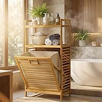 Vista 9 de Cesta de lavandería con estantes de 2 niveles y cesta inclinable, cestas organizadoras de ropa sucia, estante de almacenamiento de baño