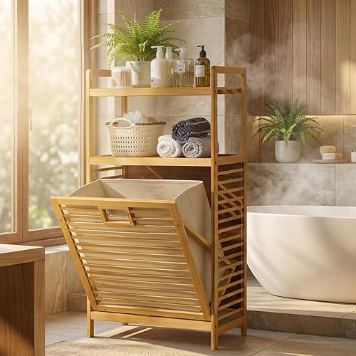 Miniatura 9 de Cesta de lavandería con estantes de 2 niveles y cesta inclinable, cestas organizadoras de ropa sucia, estante de almacenamiento de baño