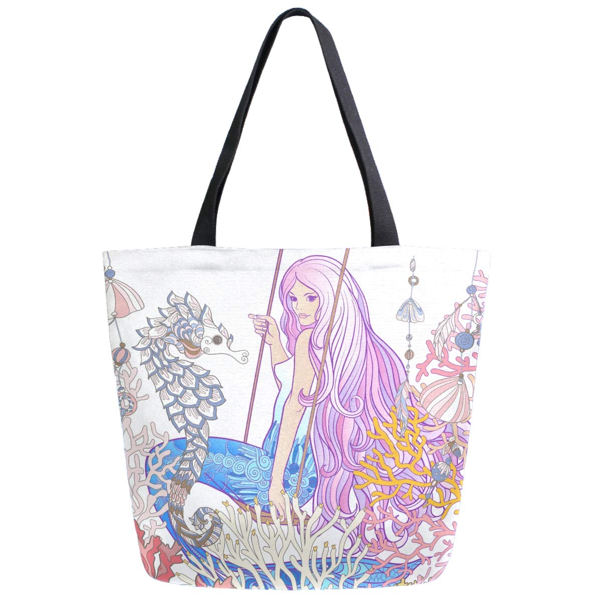 Chic Extra Large Shoulder Grocery Tote Bag, Beautiful Underwater Mermaid Seahorse Elegant Canvas Reusable Handle Bags for Men Women Gym Weekender