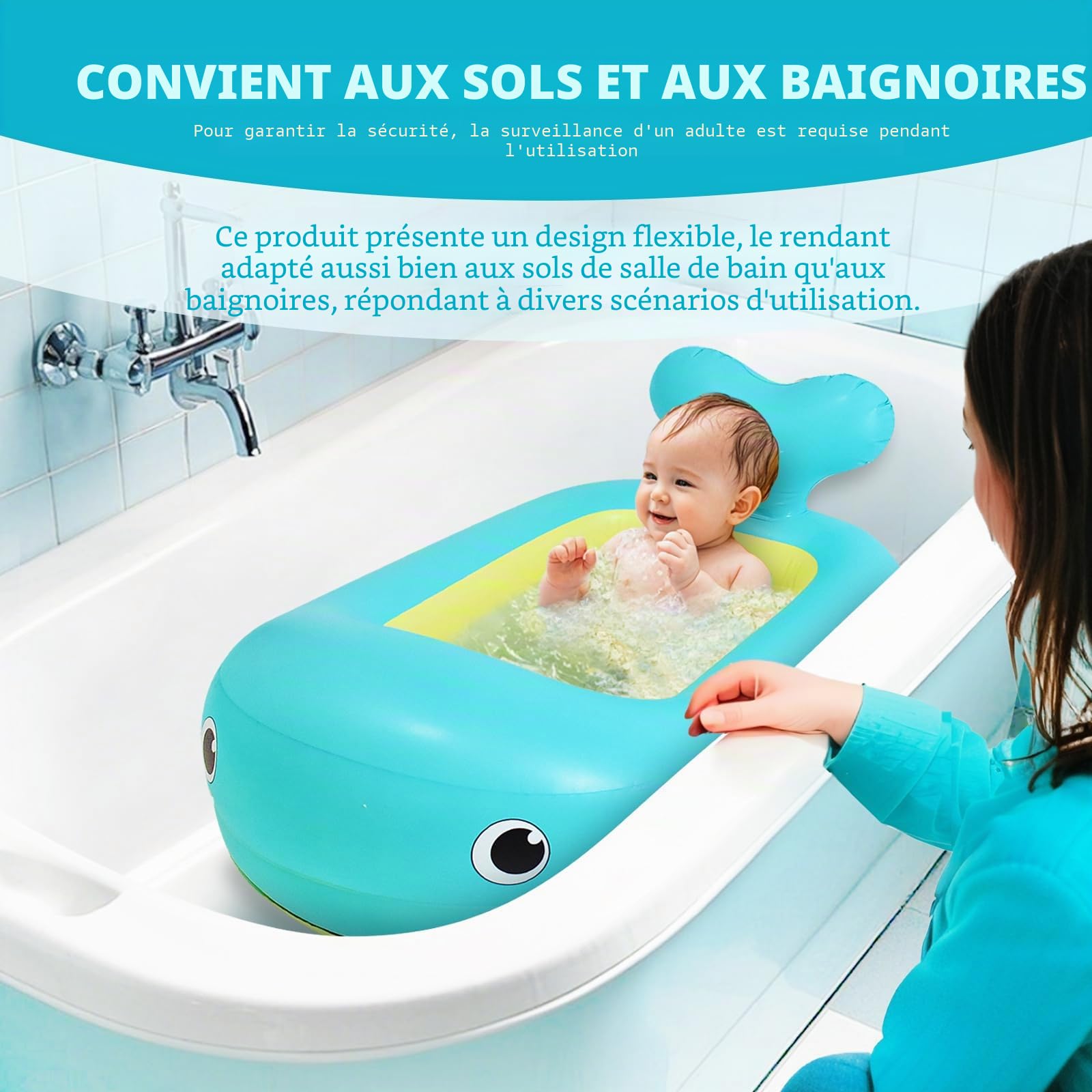 Baignoire gonflable pour bébé en forme de baleine avec support dorsal et motif animal, baignoire, spacieuse, portable, pliable, pour nouveau-nés, piscine légère pour voyage et utilisation à la maison