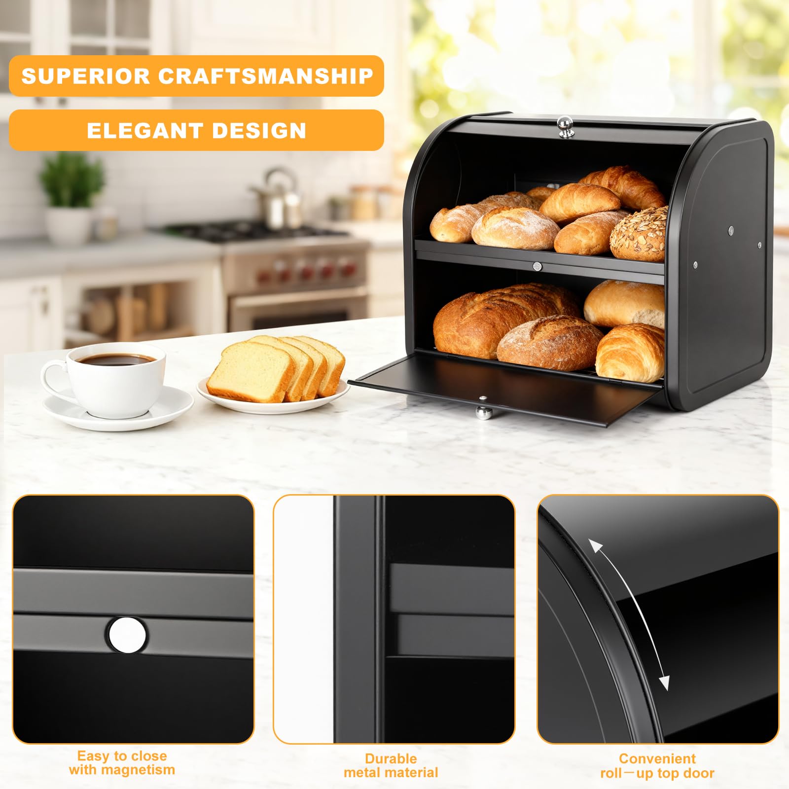 Panera, panera doble para cocina, panera grande con tapa enrollable | esquina | 2 niveles | negro | 35 x 25 x 33 cm