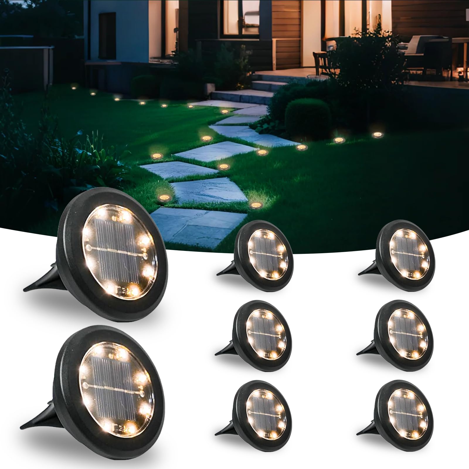 Hqynss Zestaw 8 solarnych lamp do ogrodu, 8 diod LED, oświetlenie ogrodu, solarne, wodoodporne IP65, długa żywotność, światła solarne na zewnątrz, do ogrodu, trawnika, podjazdu, ścieżki, tarasu