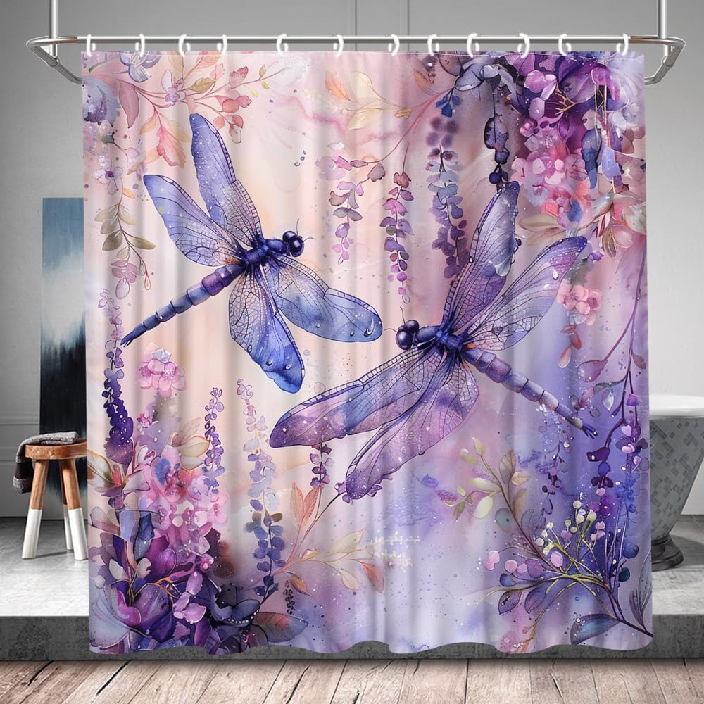 Dragonfly Shower Curtain Rustic Farmhouse Watercolor Floral Spring Purple Flowers Funny Polyester Bathroom Decor Curtains Set with Hooks 90Wx70H Inch