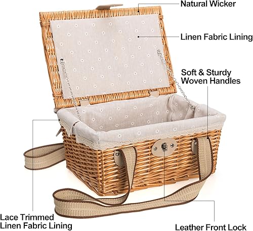 Miniatura 3 de JOLLY HOME Cesta de picnic para 2 personas, cesta de picnic de mimbre hecha a mano con dos asas de lona tejida y forro de lino lavable, cesta de