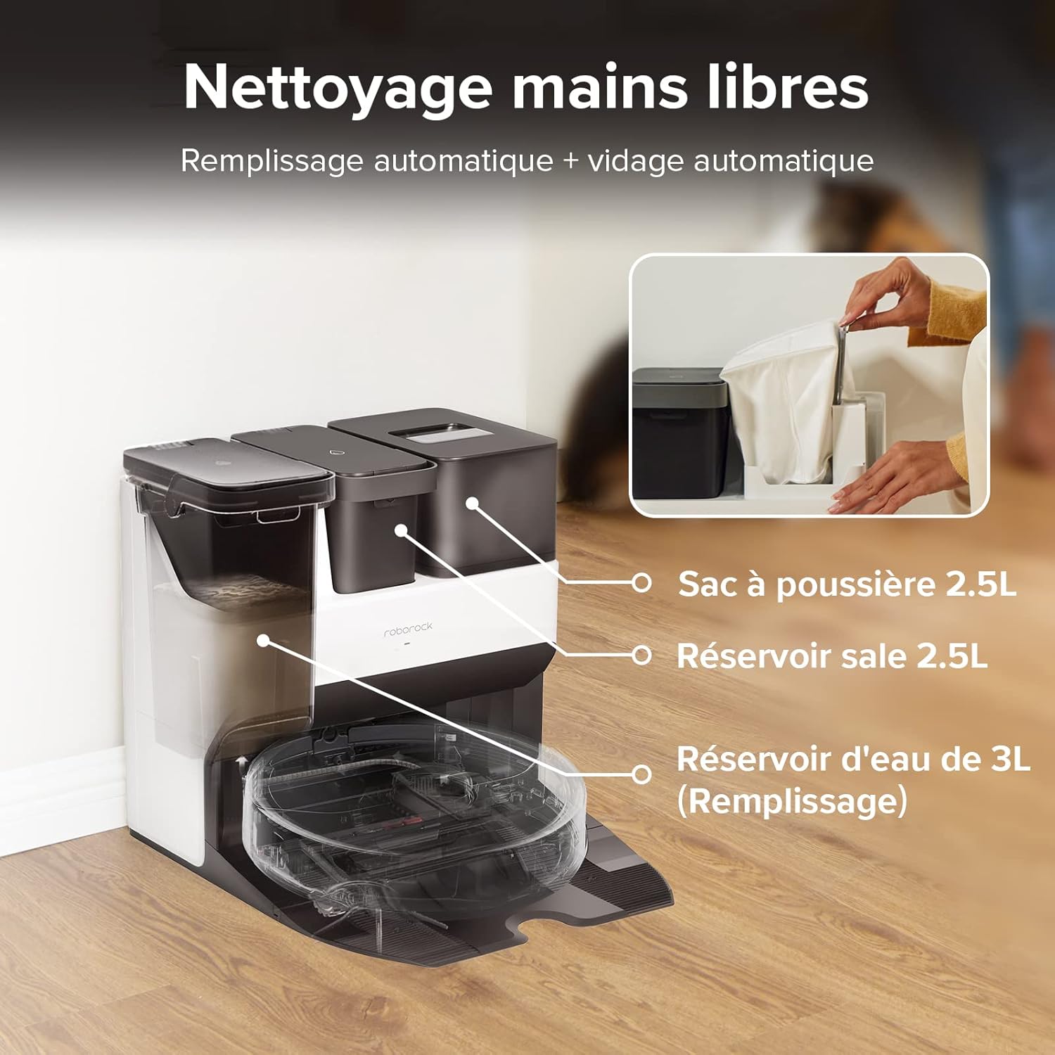 Diagram showing the Roborock S7 Pro Ultra dock with labels for dust bag, dirty water tank, and clean water tank