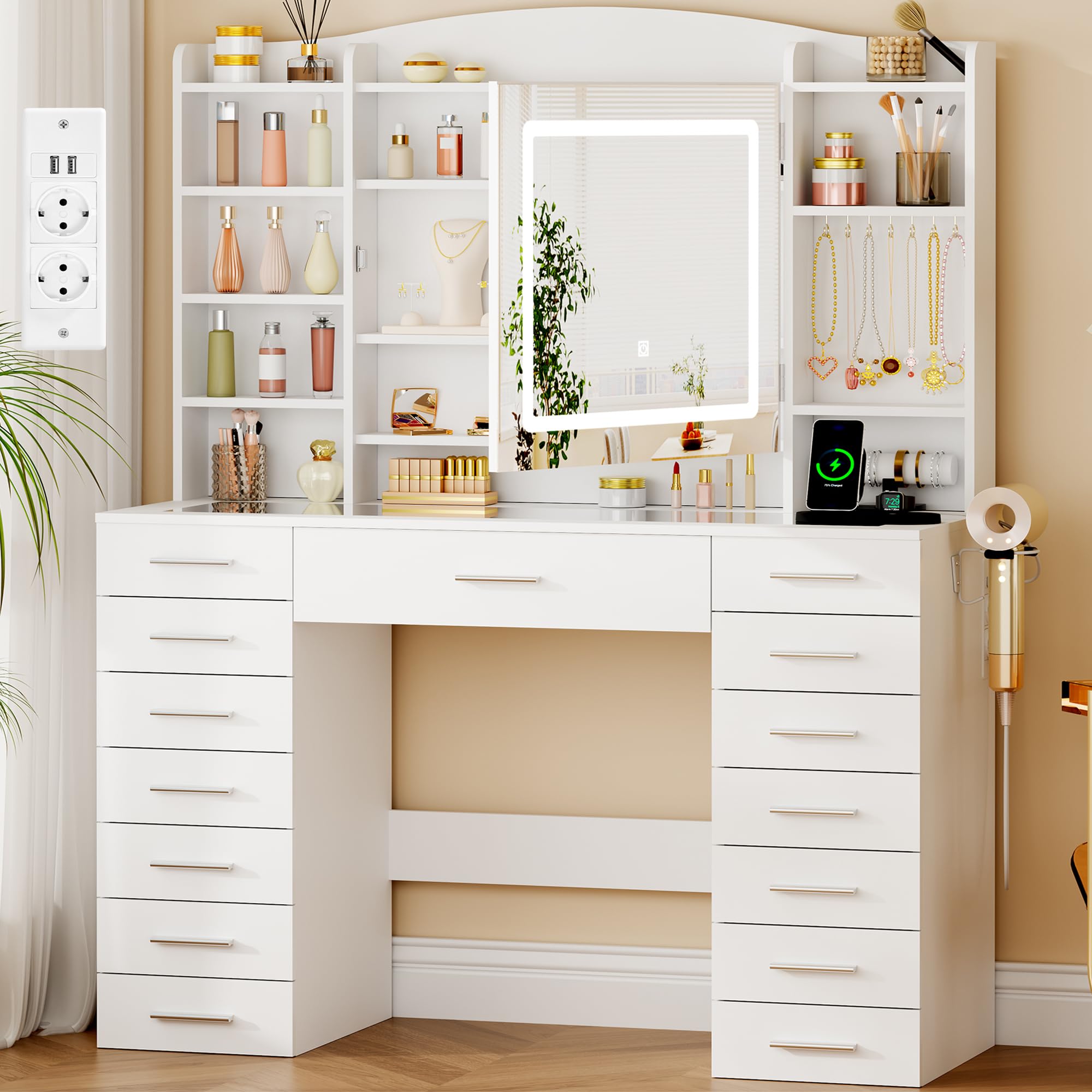 ANWBROAD Tocador de Maquillaje con Espejo y Luces LED de 3 Colores Grande, Tocador con Cristal en la Mesa, 15 Cajones, 7 Estantes Abiertos, Enchufe, Tocadores Moderno para Dormitorio Blanco BDT39W