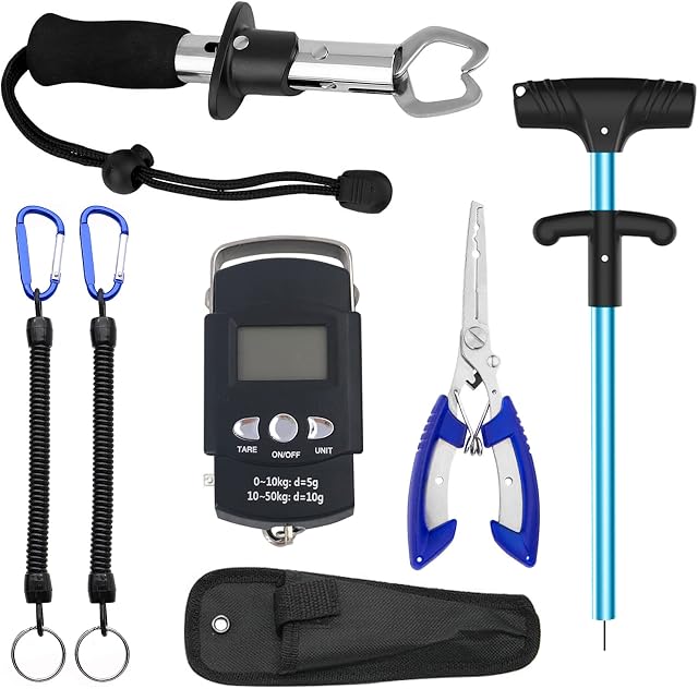 Jodsen Fishing Pliers Set,7 Pcs Fishing Hook Remover Aluminum Multi Tool,Straight Handle Fish Control Device,Electronic Scales,Hook Remover,Missed Rope,Knife Pliers with Storage Bag (Blue) (Blue)