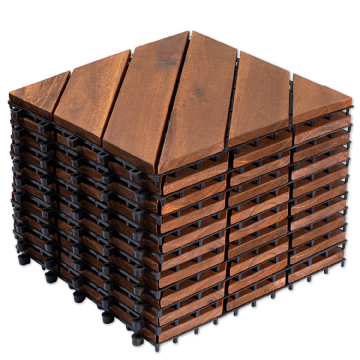 interlocking acacia wood deck tiles, 12" x 12" non-slip outdoor patio floor tiles, waterproof decking for balcony, backyard, poolside, indoor/outdoor use (light brown, set 10 stripe)