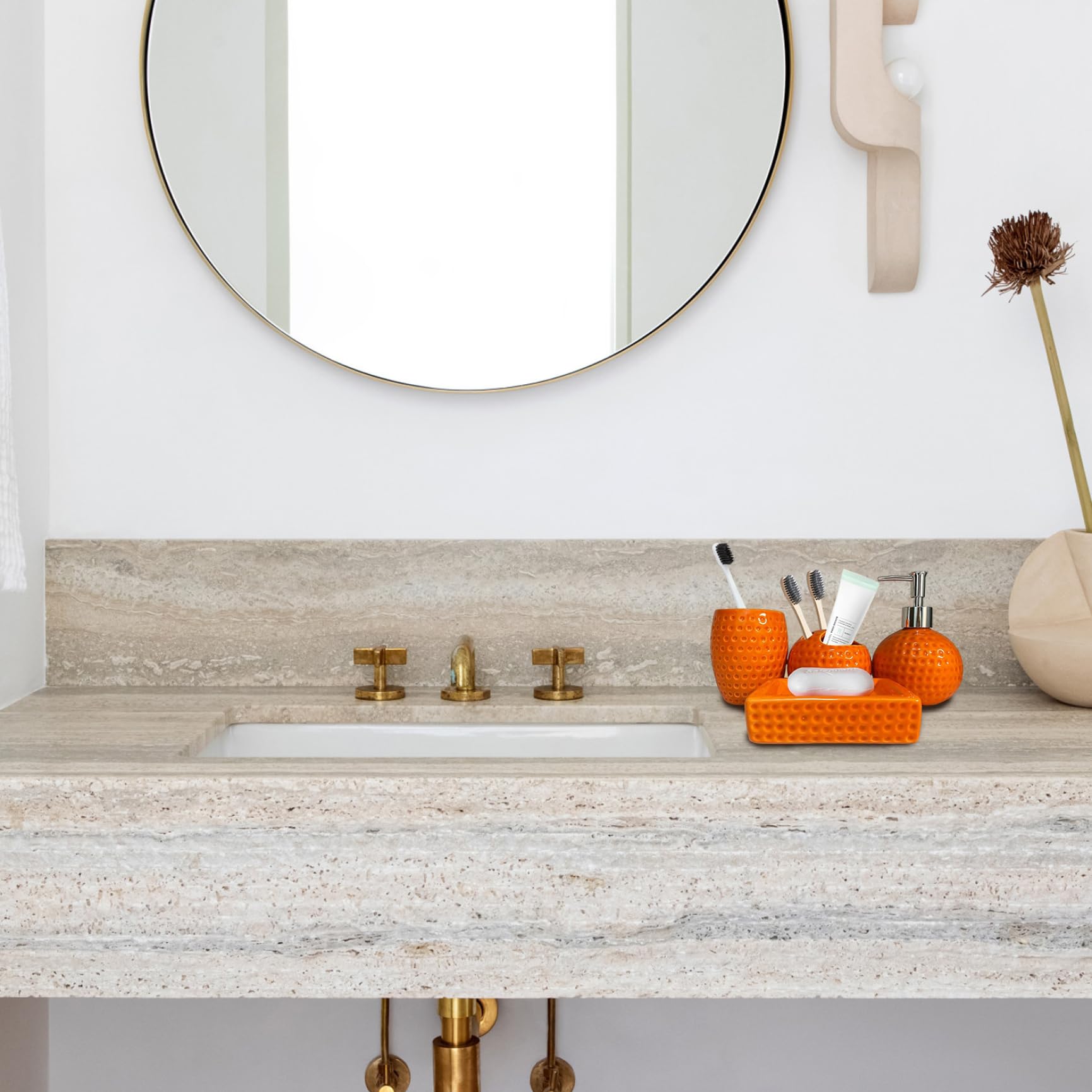 Set di accessori da bagno arancioni Set da bagno in ceramica da 4 pezzi include portaspazzolino, bicchiere, dispenser per lozione e portasapone per l'arredamento della casa, del bancone dell'hot