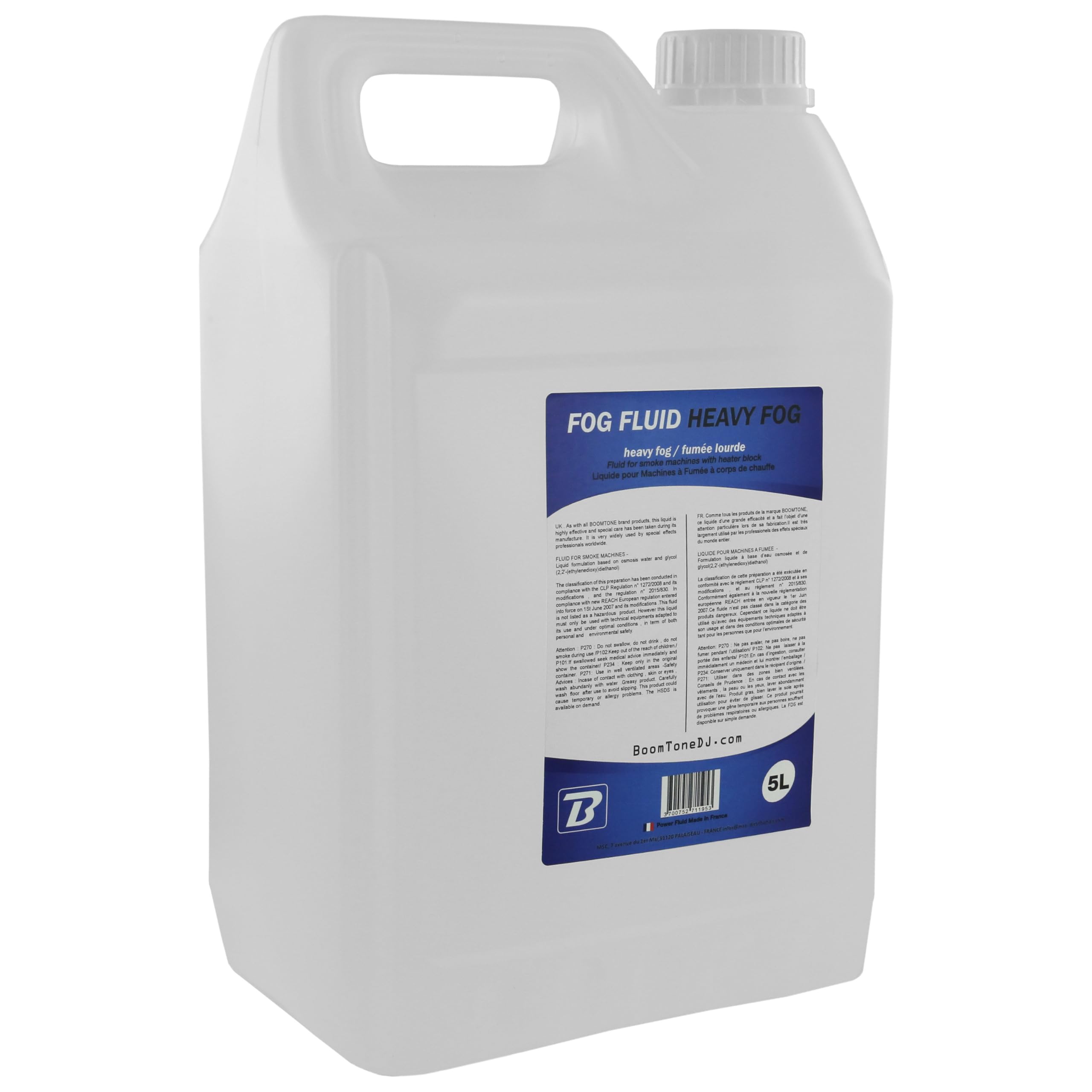 BoomToneDJ Heavy Fog Fluid 5L Liquido professionale per macchina del fumo pesante. Tanica da 5 litri riciclabile. Incolore. Inodore. Economico. Prodotto in Francia. Norme NF e CE.