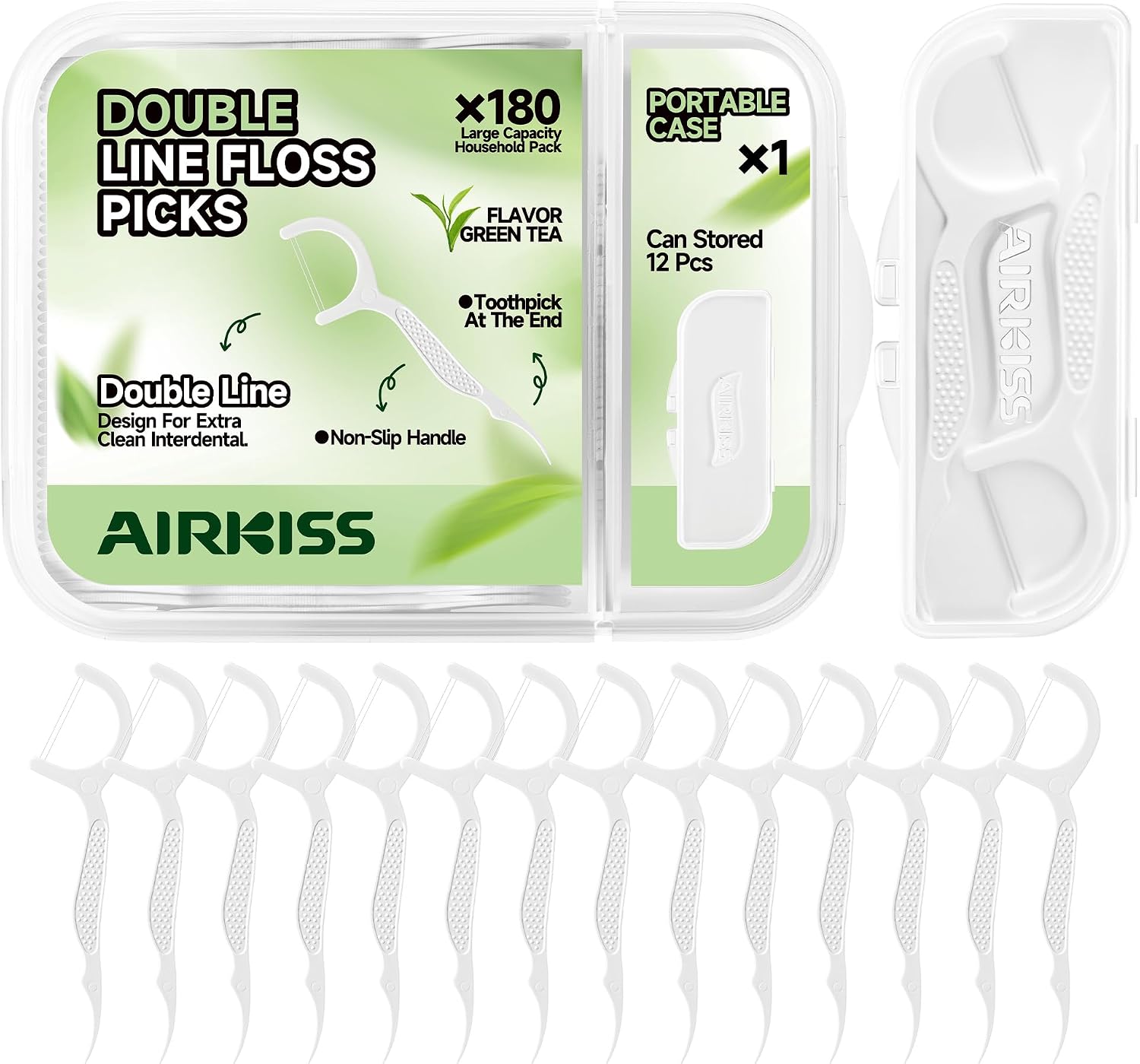 airkiss Double Line Dental Floss Picks with Portable Case, 180 Count, Green Tea Flavor, Ideal for Teeth Cleaning and Fresh Breath