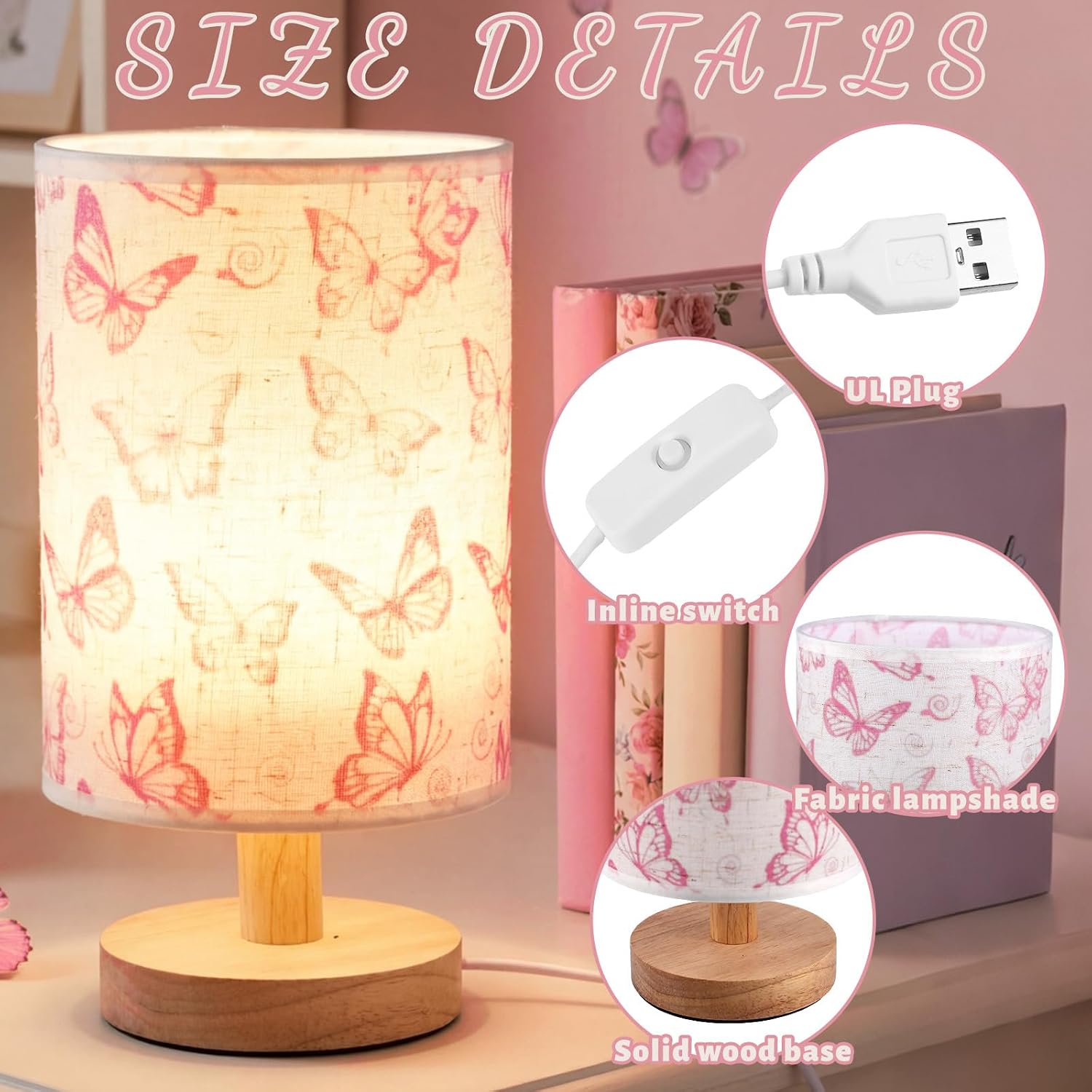 Baquler Butterfly Bedside Lamp for Bedroom,Pink Table Lamp with USB image 3