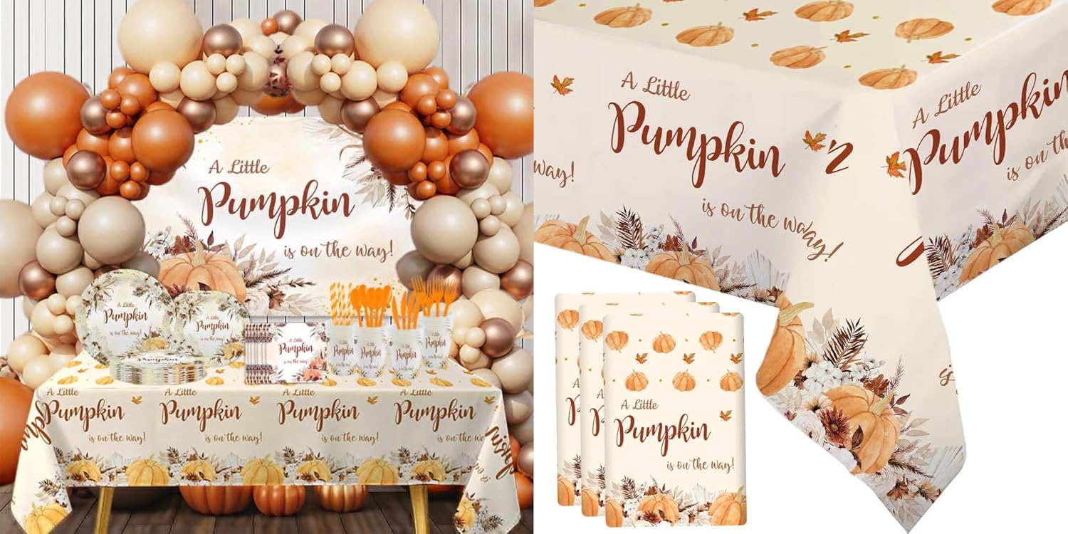MEHOFOND Fall Boho Pumpkin Baby Shower Plates and Napkins Set, with 3 Pack Plastic Table Clothes, Little Pumpkin is on the way Baby Shower Party Decorations for Girls