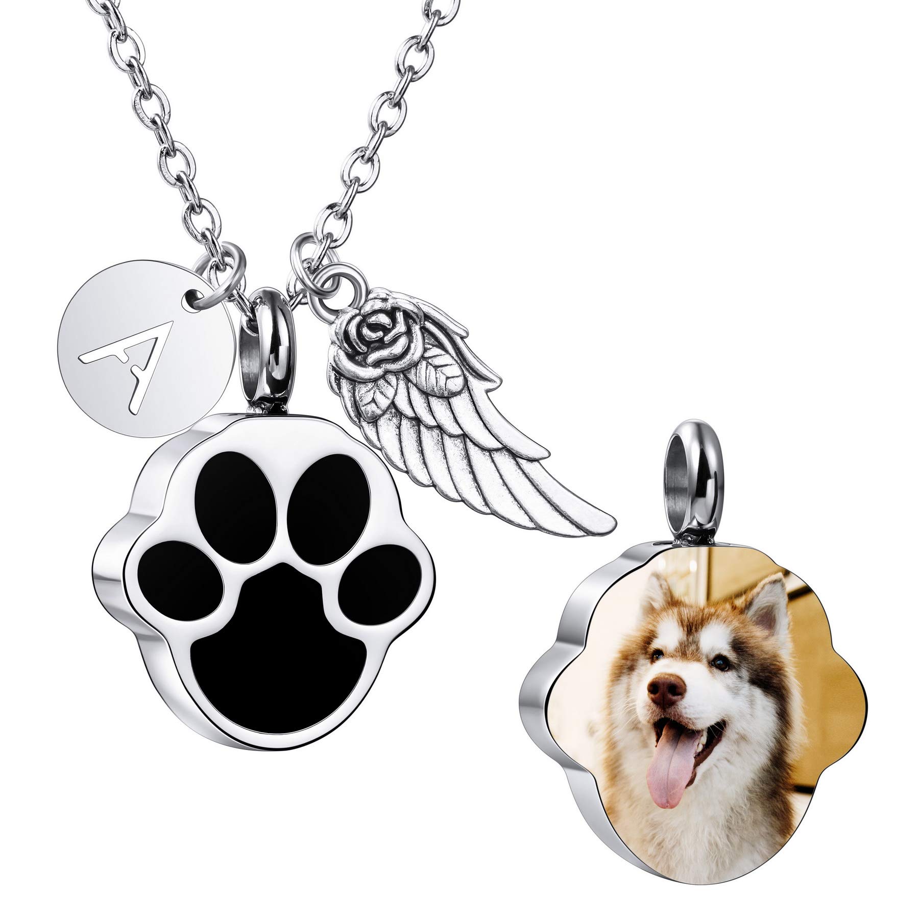MeMeDIY Personalizado Corazón Huella de la Pata Cenizas Urna Colgante Collar Costumbre Nombre/Foto/Fecha para Mujer Hombre Mascota Amante Acero inoxidable Memorial Perro Gato Mascota Recuerdo