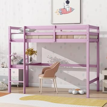 Twin Size Loft Bed with Desk, Solid Wood High Loft Bed Frame with Ladder and Safety Guardrail, Easy Assembly, Space-Saving Bed Frame for Kids Teens Adults Pink