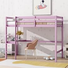 Twin Size Loft Bed with Desk, High Wood Loft Bed with Stairs and Guardrail, for Kids Teens Adults,Space-Saving Design, Pink