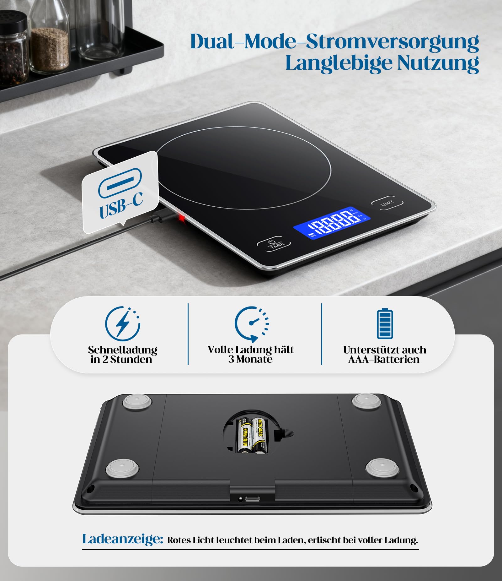 Küchenwaage Digital mit 15 kg Tragkraft, 5 Einheiten in g/ml/fl'oz, Präzise Waage Küche mit Großem Display, Dual Power (USB-C/Batterie), 1g Hochpräzise, Tara, Sicherheitsglas für Backen, Kochen