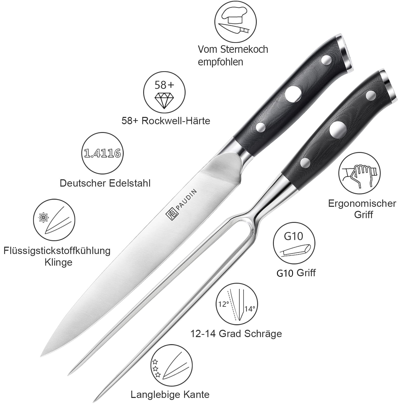 PAUDIN Küchenmesserset 2tlg, Messerset mit Fleischmesser 20 cm, Fleischgabel 18 cm, Ultra Scharfes Tranchierbesteck, Grill Besteck aus hochwertiger deutschem Edelstahl 1.4116 mit G10 Griff