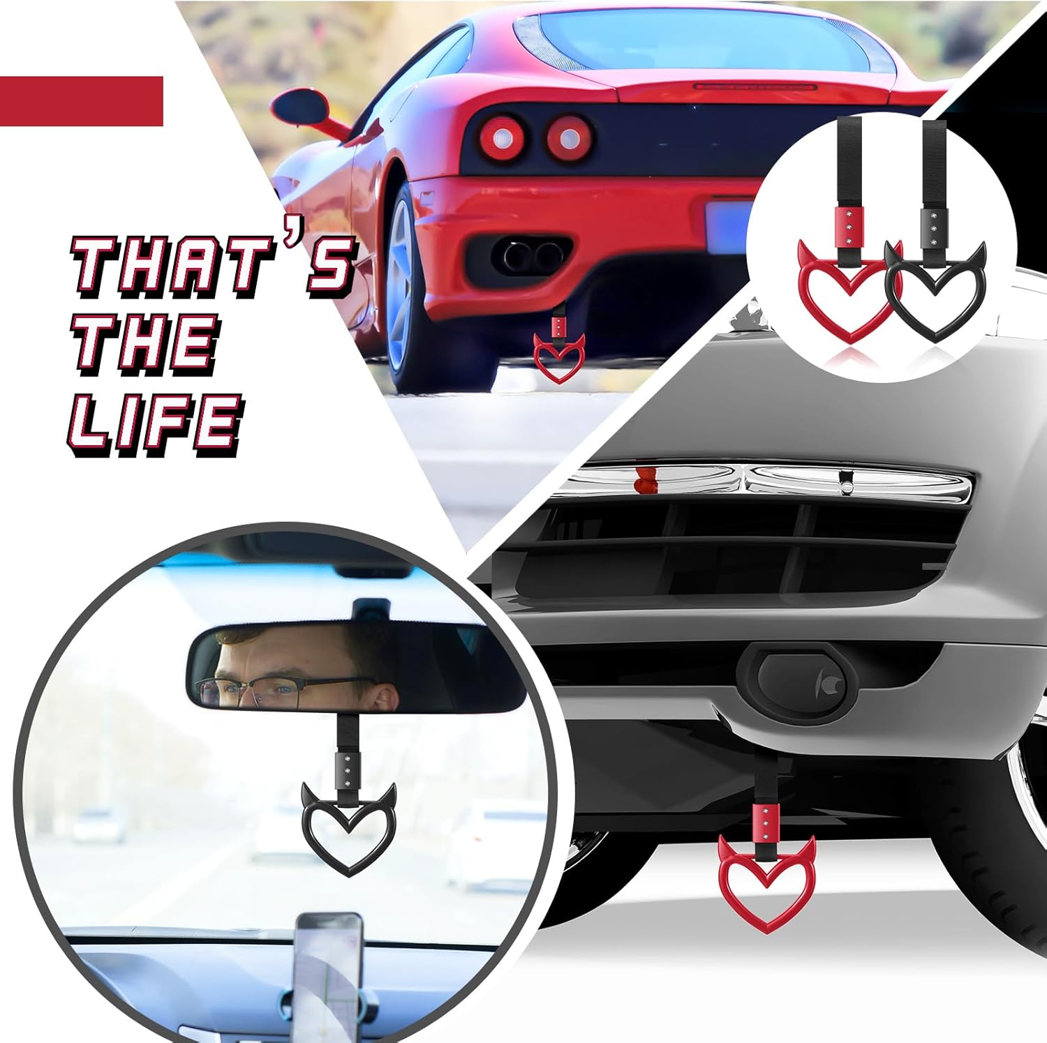 Fabbay 2 Pieces Heart Handle Keychains Car Accessory Heart Hand Strap Drift Charm for Car Interior Exterior Decoration(Red and Black,Devil Style) - Image 5