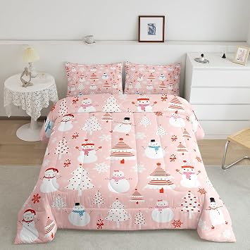 Feelyou Christmas Kids Comforter Set Cartoon Snowman Bedding Set for Boys Girls Christmas Tree Decor Comforter Pink Dots Xmas Theme Duvet Set Bedroom Comforter Inner Fill 3Pcs Full Size