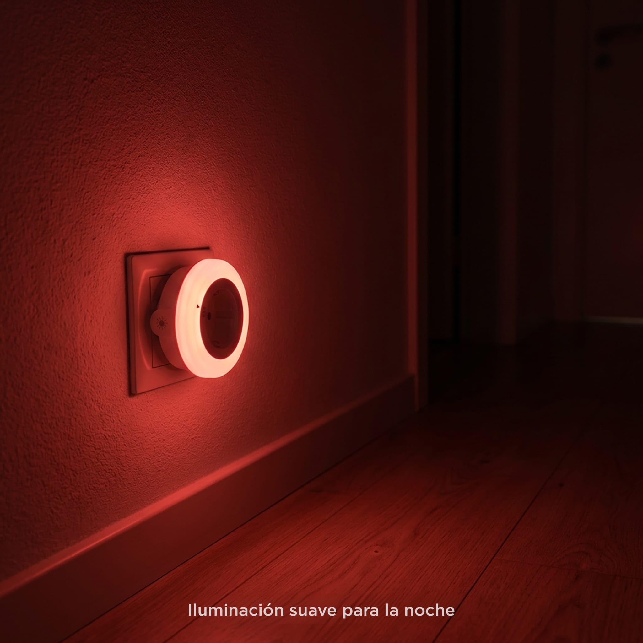 Luz Roja Nocturna Melatonina con Enchufe – Sensor Oscuridad – 0% Luz Azul – Brillo Regulable – Dormir, Bebés y Lactancia – ON/AUTO/OFF – Pack 2