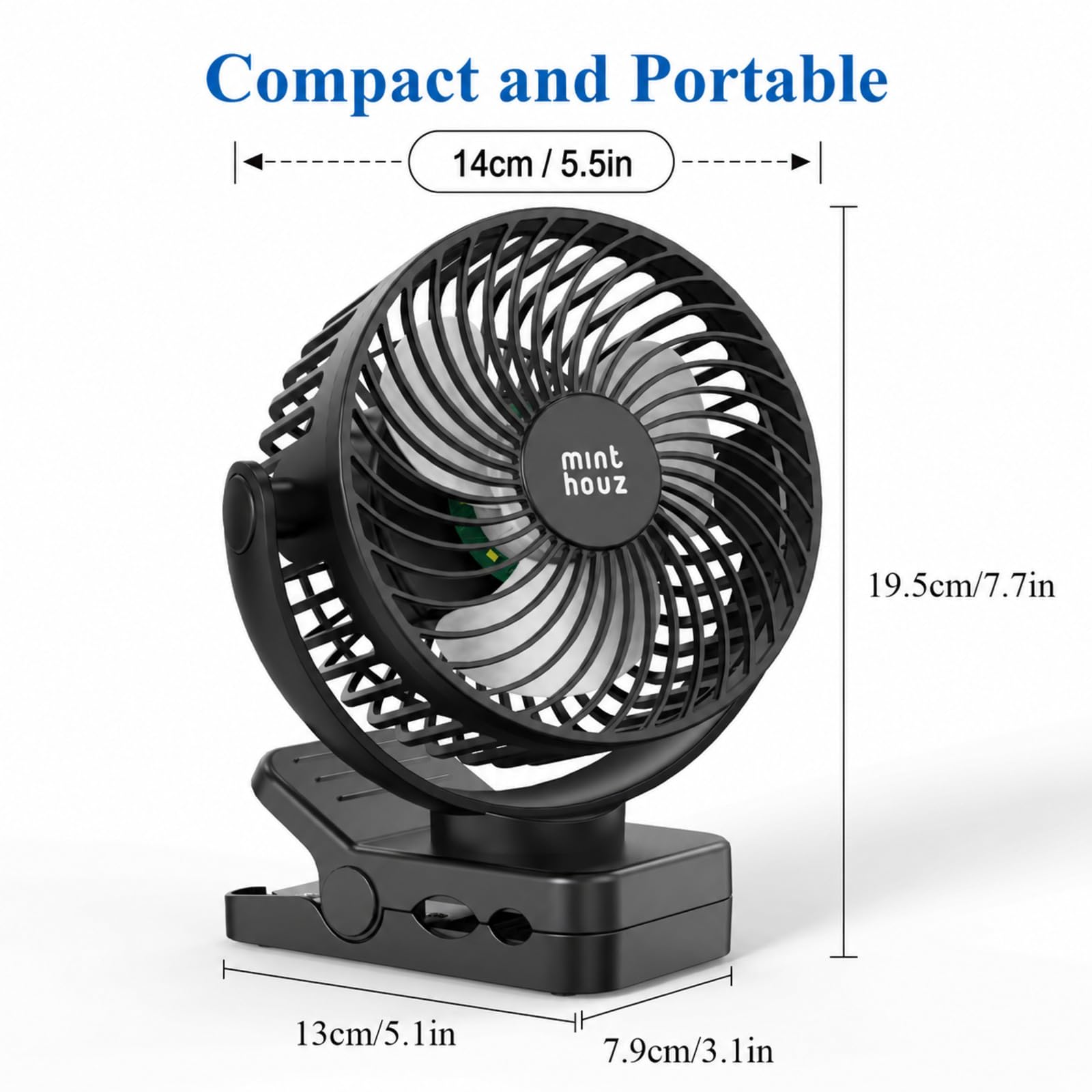 Minthouz Ventilatore Portatile USB Ricaricabile 12000mAh con Clip e Telecomando, 45H di Autonomia, Silenzioso, 3 Velocità, Luce LED, Rotazione a 360°, Timer, per Scrivania, Campeggio e Passeggino