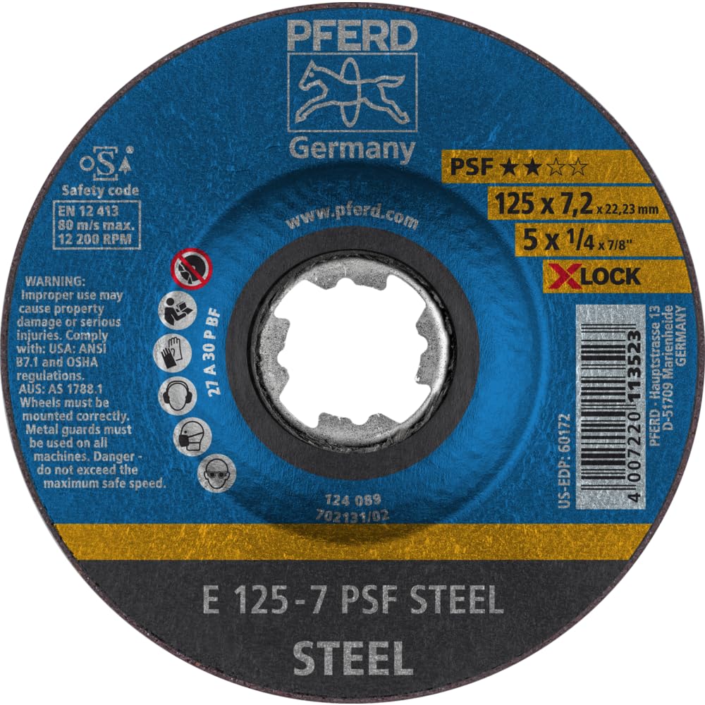 PFERD Grinding disc, Pack of 10, 125 x 7.2 mm, X-Lock (22.23 mm), PSF Steel, 62011125 - for Quick and Comfortable Tool Changes