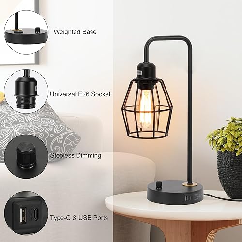 Miniatura 6 de Lámparas de mesa industriales regulables, moderna lámpara de noche negra con puertos de carga USB A+C y salida de CA, lámpara de granja con pantalla
